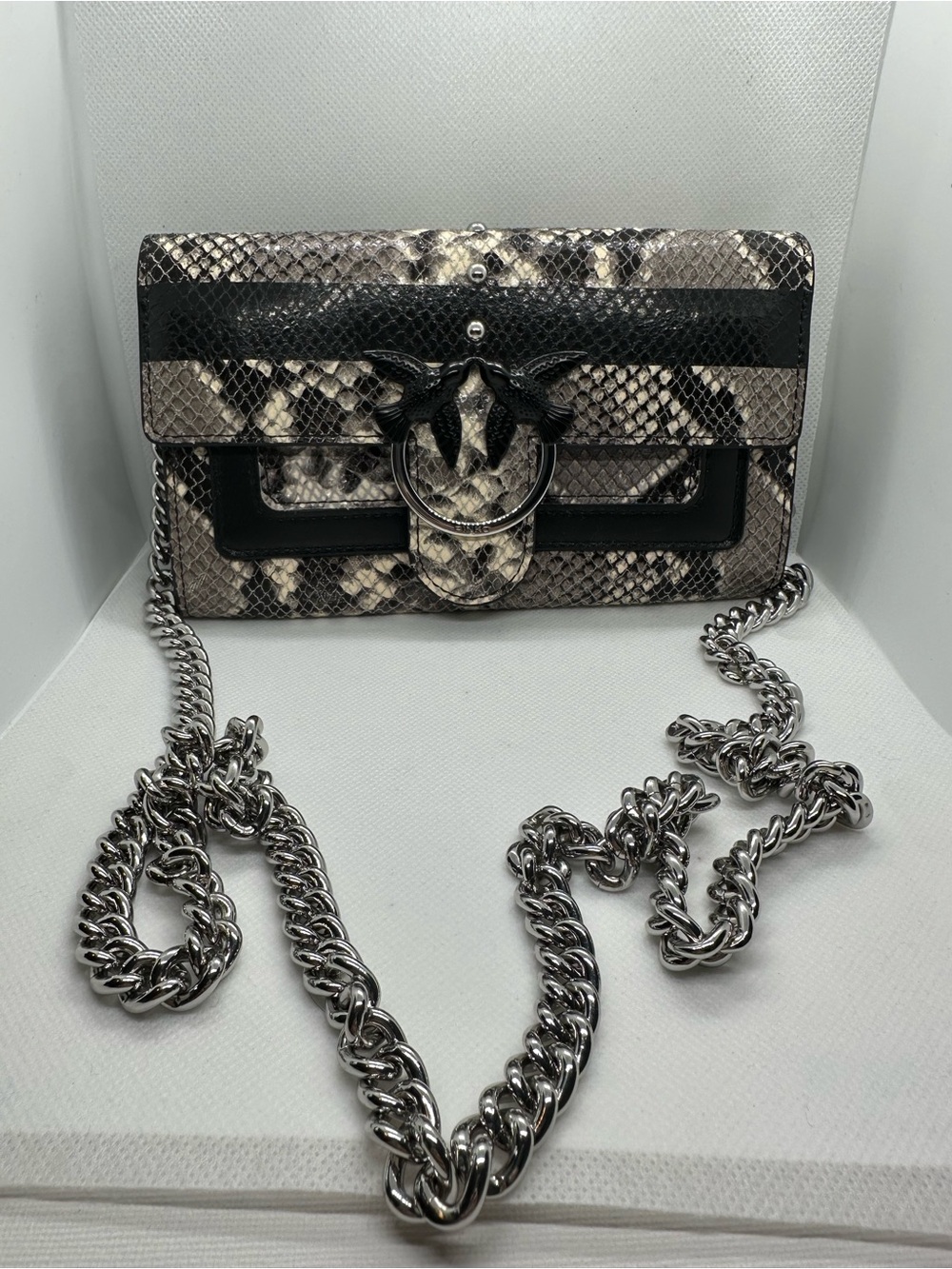 Pinko Snake-Print Crossbody Bag in Black Grey and Cream with Silver Chain (117)